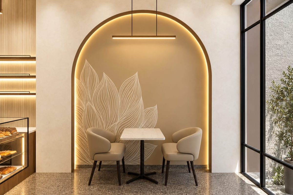 A table for two set inside an arched niche, the botanical line-art mural behind it lit by a warm cove light, with the bakery display to one side