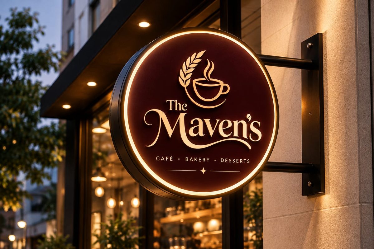 The circular blade sign mounted on the wall, its gold cup-and-wheat mark glowing against deep maroon